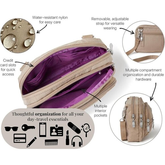 Baggallini Women's Triple Zip Crossbody Travel Bag – Beach Ready - Picture 4 of 6